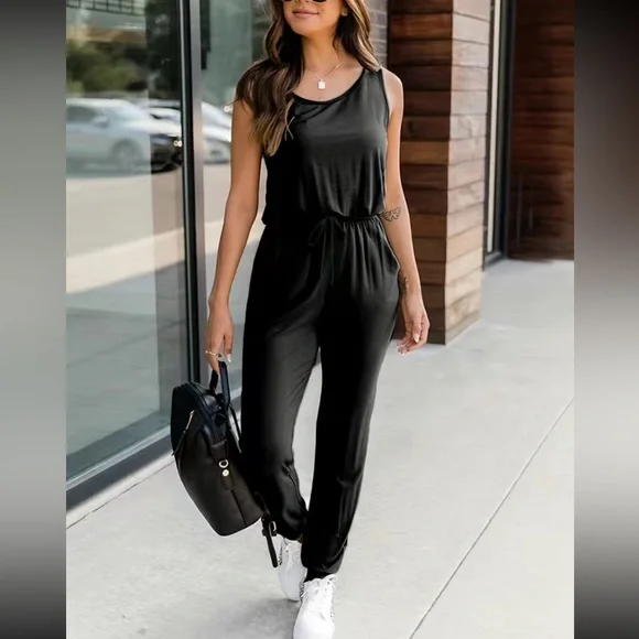 Boho sleeveless drawstring waist jumpsuit